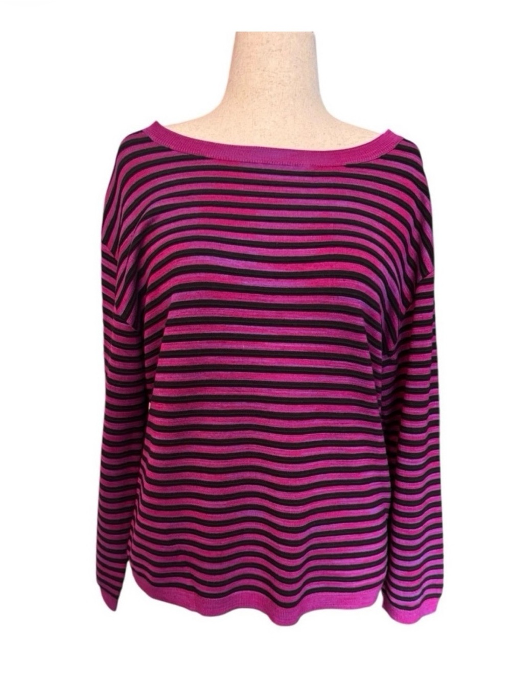 Liverpool Magenta/Black Stripe Spacedye Boatneck Sweater, Sz L, NWT